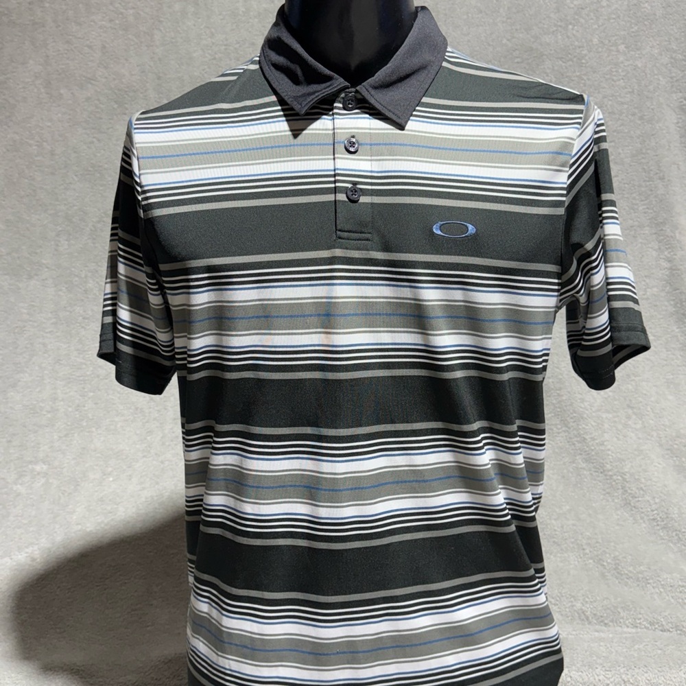 Vintage Oakley Golf Polo Shirt Mens Small Black Stripe Short Sleeve